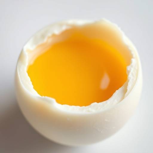 A close-up of a whole egg with a bright yellow yolk