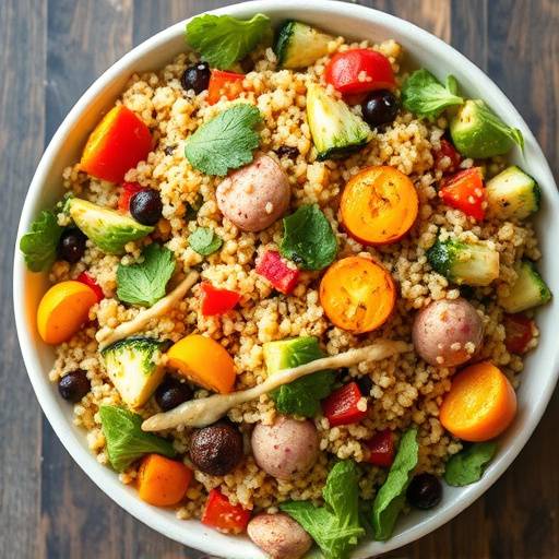 A colorful quinoa salad with roasted vegetables, chickpeas, and a lemon-tahini dressing.