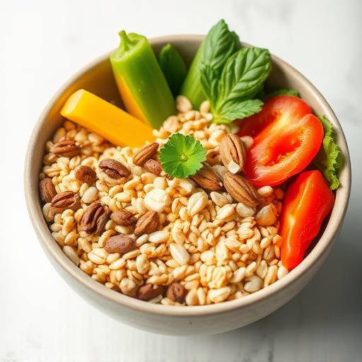 A delicious and colorful bowl of healthy food with grains, nuts, seeds, and fresh produce.