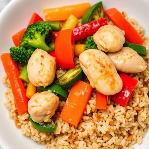A plate of chicken stir-fry with vibrant vegetables, served with brown rice, showcasing a healthy and balanced meal.
