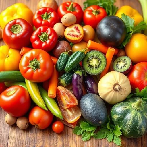A vibrant assortment of colorful fruits and vegetables arranged artfully on a wooden surface, representing the diversity of a healthy diet.