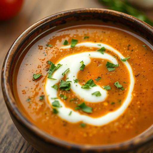 Bowl of hearty lentil soup garnished with fresh herbs and a dollop of yogurt.