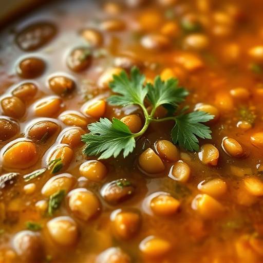Close-up shot of a steaming bowl of hearty lentil soup garnished with fresh parsley.