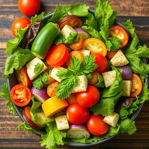 Overhead view of a vibrant and colorful salad with fresh vegetables and a light vinaigrette, symbolizing healthy eating.